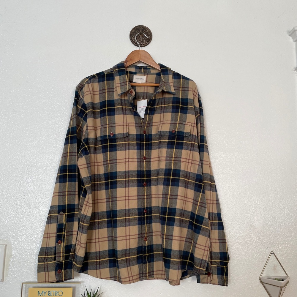 Lucky Brand Mens XXL Plaid Flannel Button Down Shirt Tan Navy Yellow 132074 NEW